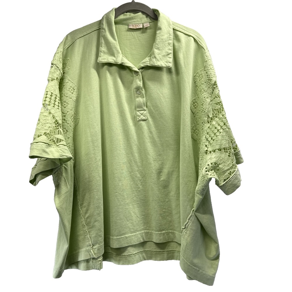 LOGO Lavish Women's Boxy Top Size 1X Green Lace Relaxed Oversized 100% Cotton‎